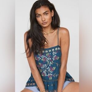 Anthropologie Teal Embroidered Floral Cami Top